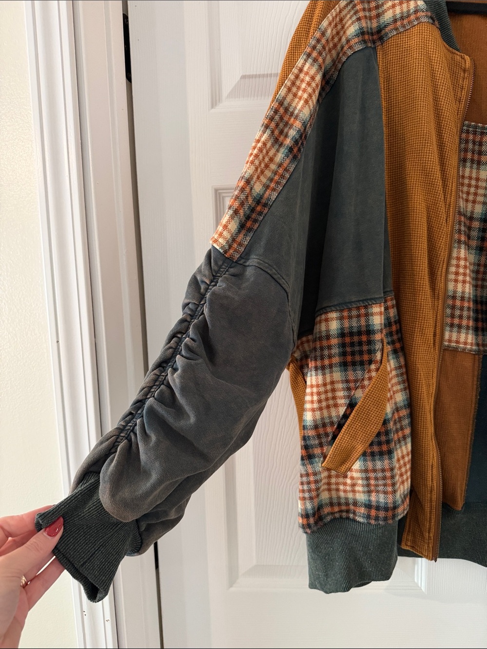 Oli & Hali Patchwork Oversized Bomber Jacket in Mustard & Slate - Picture 3 of 5
